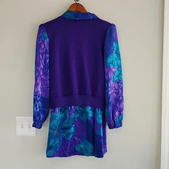 Vintage Purple & Teal Satin Skirt / Sweater Set sz 12 2pc floral print suit - Picture 5 of 7